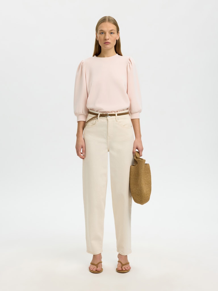 Selected Femme Naisten Pusero, SLFTENNY 3/4 SWEAT TOP NOOS Vaaleanpunainen, Pale Dogwood -sävyinen TENCEL-modalipusero, 3/4-pituiset puhvihihat ja pyöreä pääntie.