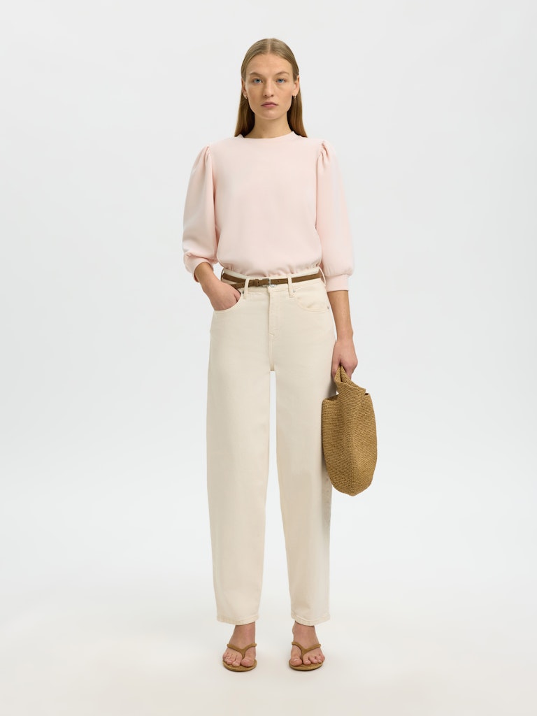Selected Femme Naisten Pusero, SLFTENNY 3/4 SWEAT TOP NOOS Vaaleanpunainen, Pale Dogwood -sävyinen TENCEL-modalipusero, pyöreä pääntie ja 3/4-pituiset puhvihihat.