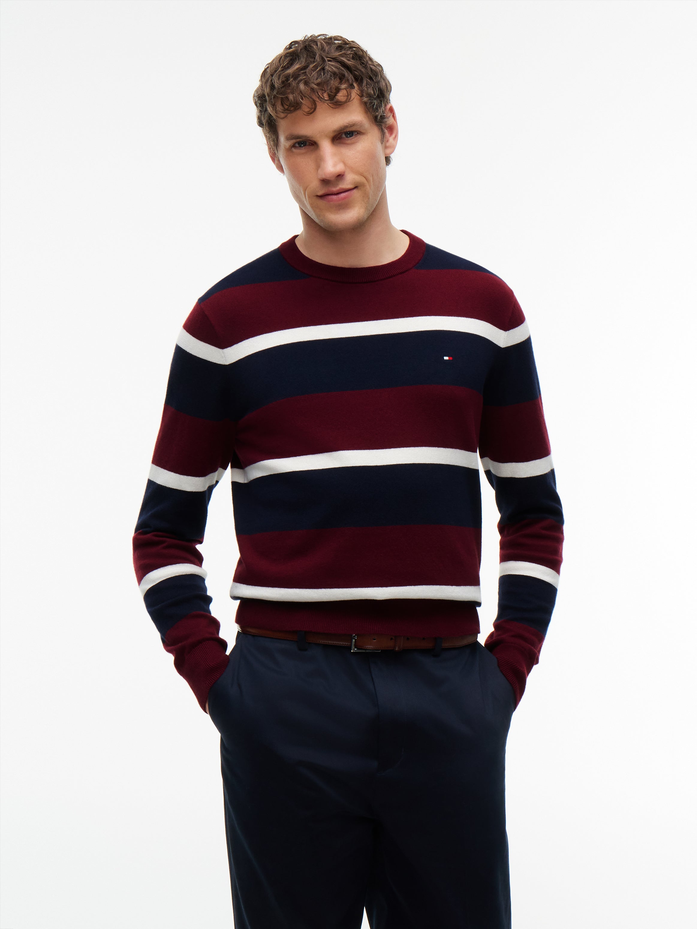 Tommy Hilfiger miesten neulepusero Crew Neck Jumper With Cashmere, viininpunainen raita