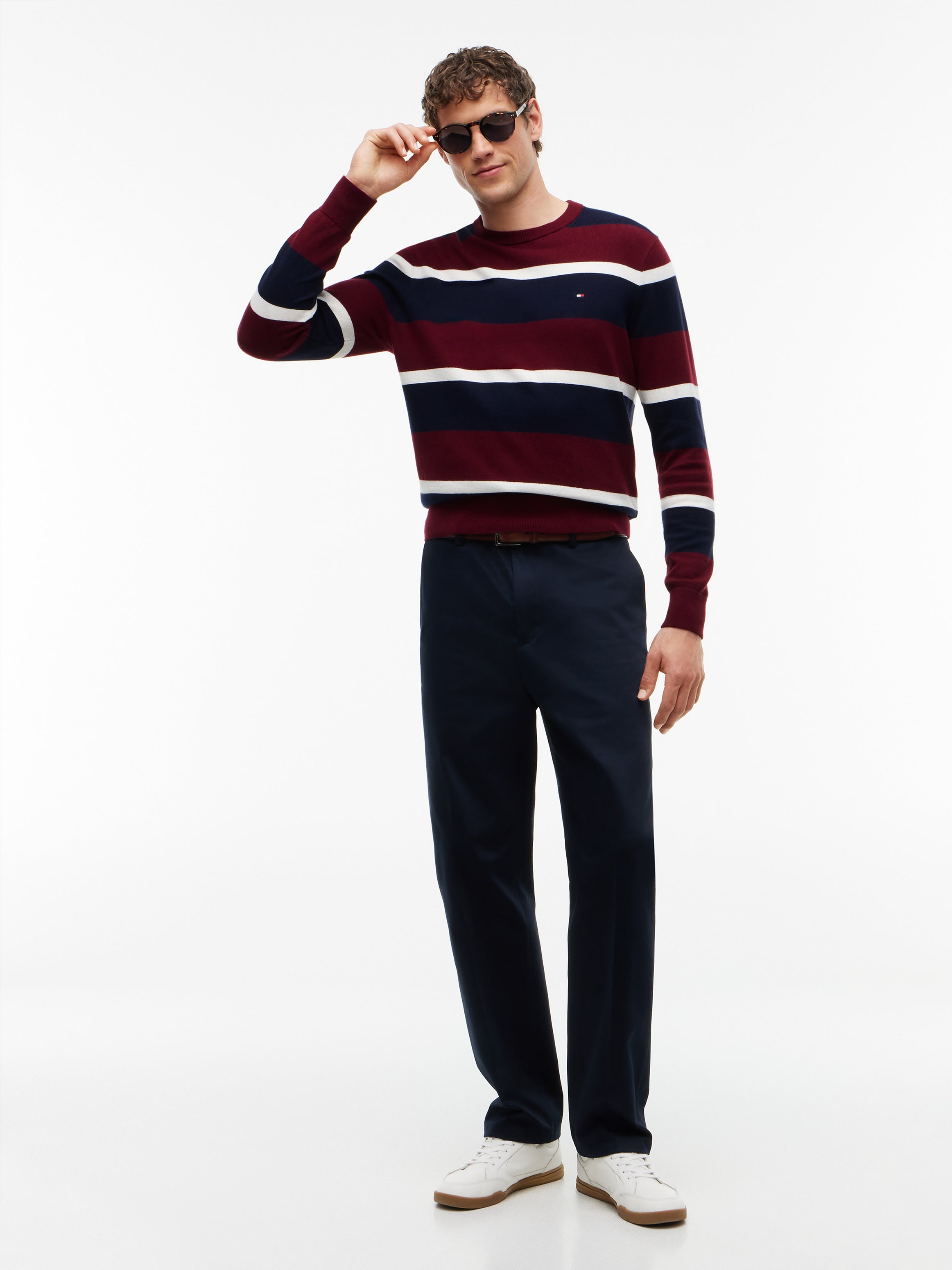 Tommy Hilfiger miesten neulepusero Crew Neck Jumper With Cashmere, viininpunainen raita