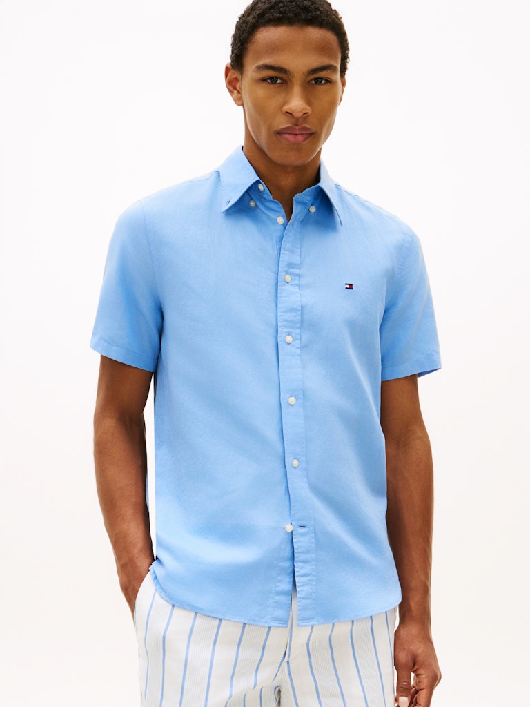 Tommy Hilfiger miesten lyhythihainen kauluspaita Linen Blend Solid SS, vaaleansininen