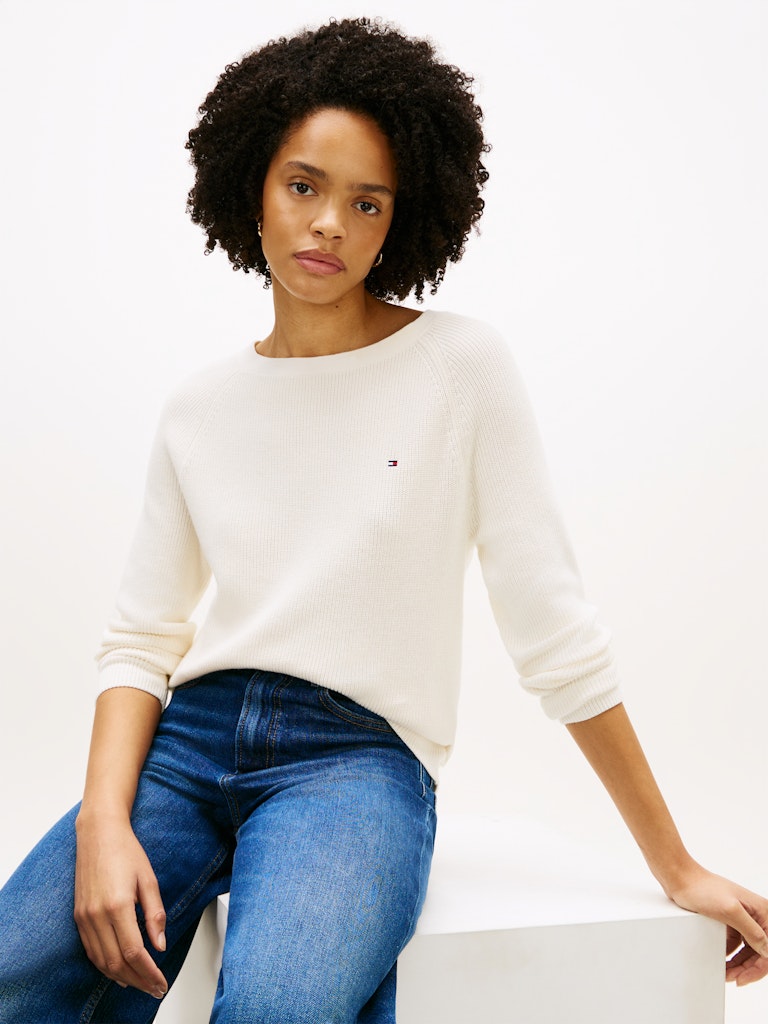 Tommy Hilfiger naisten neulepusero Cardi Fine GG LS Boat Neck Sweater, valkoinen