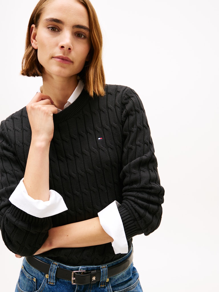 Tommy Hilfiger naisten neulepusero CO CABLE MID GG C-NK LS SWT, musta