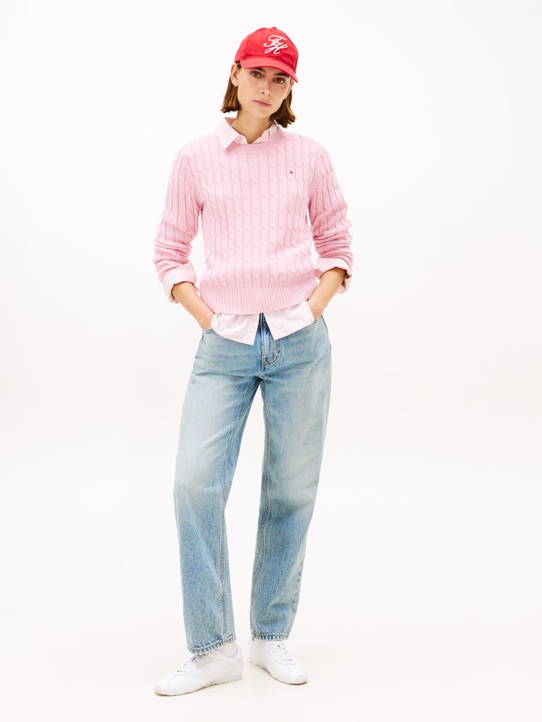 Tommy Hilfiger naisten neulepusero CO CABLE MID GG C-NK LS SWT, vaaleanpunainen