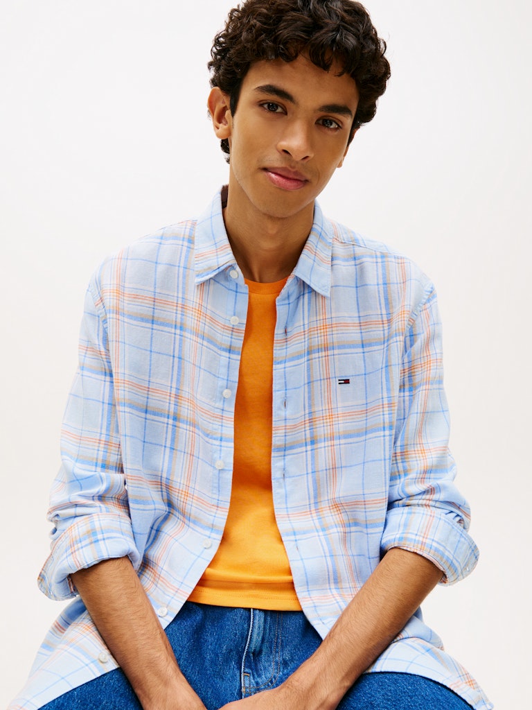 Tommy Jeans miesten kauluspaita Relaxed Fit Check Linen Blend Shirt, sininen kuosi