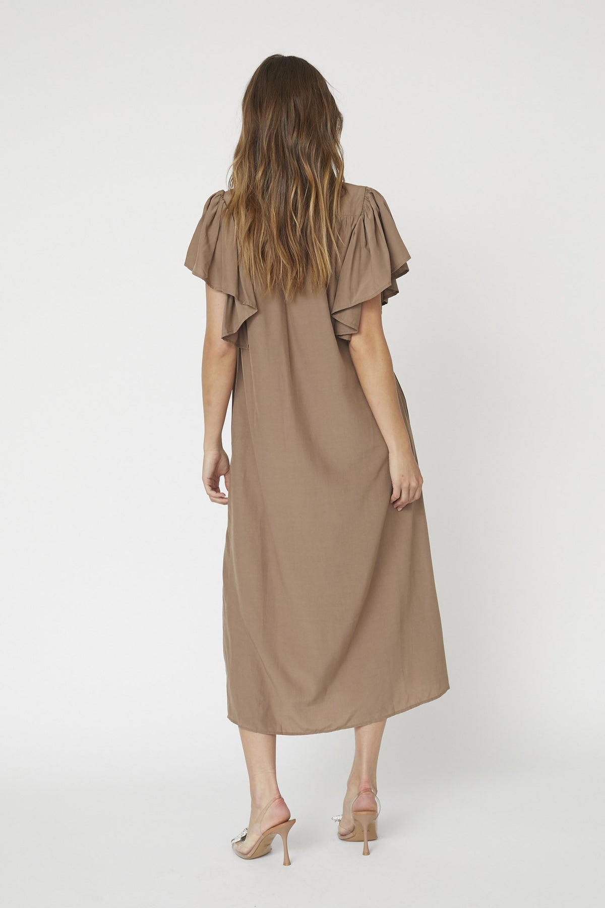 Co’Couture mekko ToraCC Frill V-Dress, ruskeanharmaa