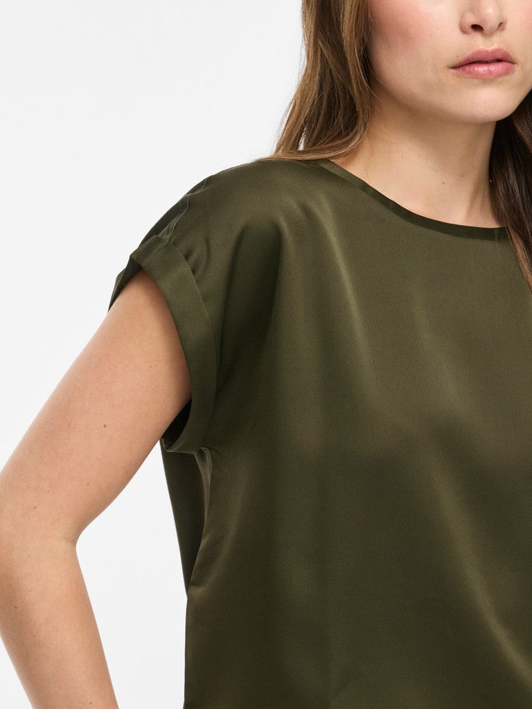 Vila naisten pusero Viellette SS Satin Top, Forest Night