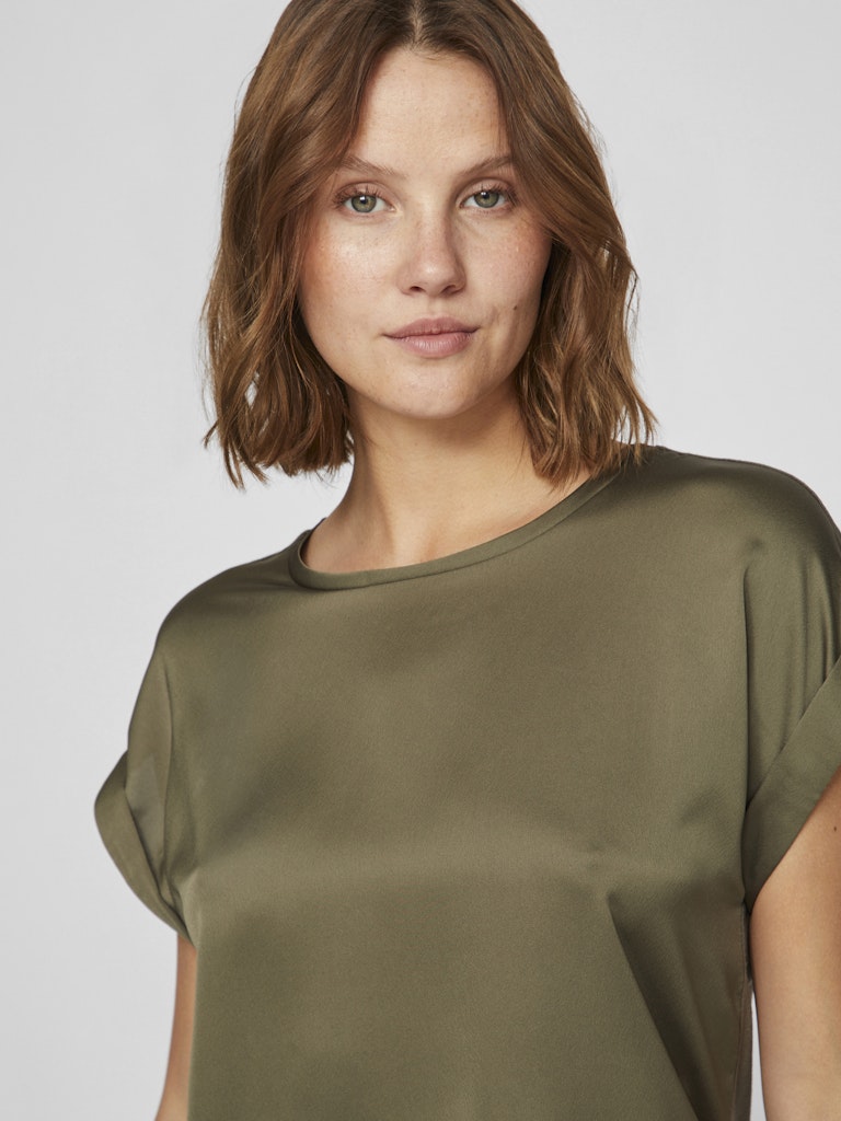 Vila naisten lyhythihainen toppi K-Viellette S/S Satin Top - NOOS, Dusty Olive
