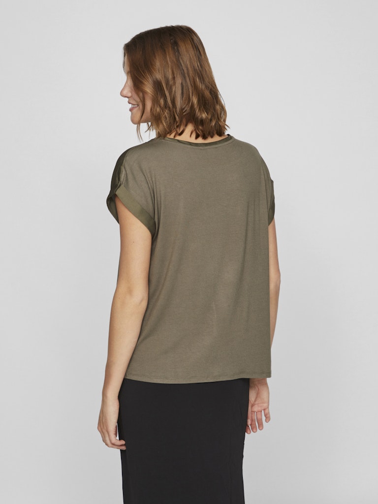 Vila naisten lyhythihainen toppi K-Viellette S/S Satin Top - NOOS, Dusty Olive