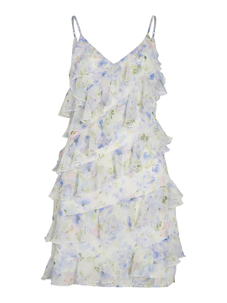 Vila mekko Viluna Strap Ruffle Short Dress, Cloud Dancer Blue