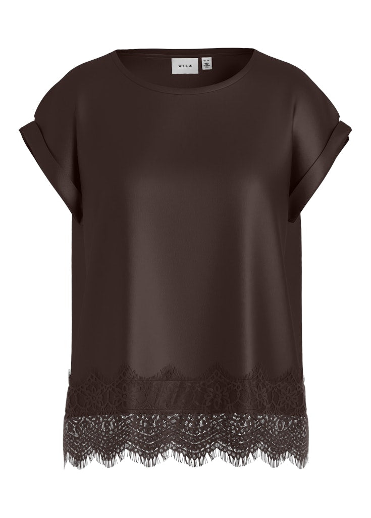 Vila naisten toppi, VIELLETTE S/S FULL SATIN LACE TOP NOOS Coffee Bean