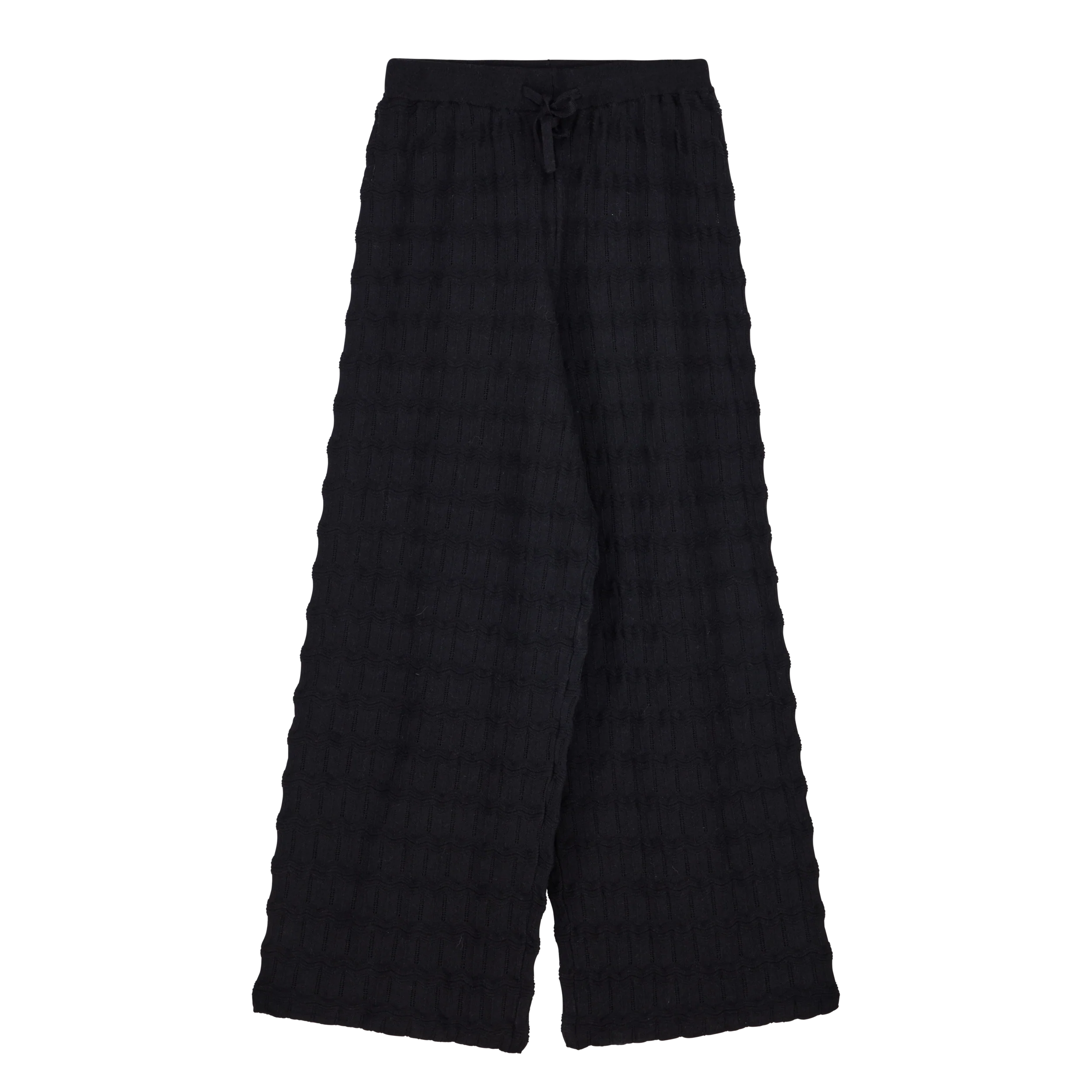 Makia naisten housut Marie Knitted Pants, musta, suoraleikkauksella, pehmeä neulotun tekstuurin pinta ja säädettävä vyötärönauha.