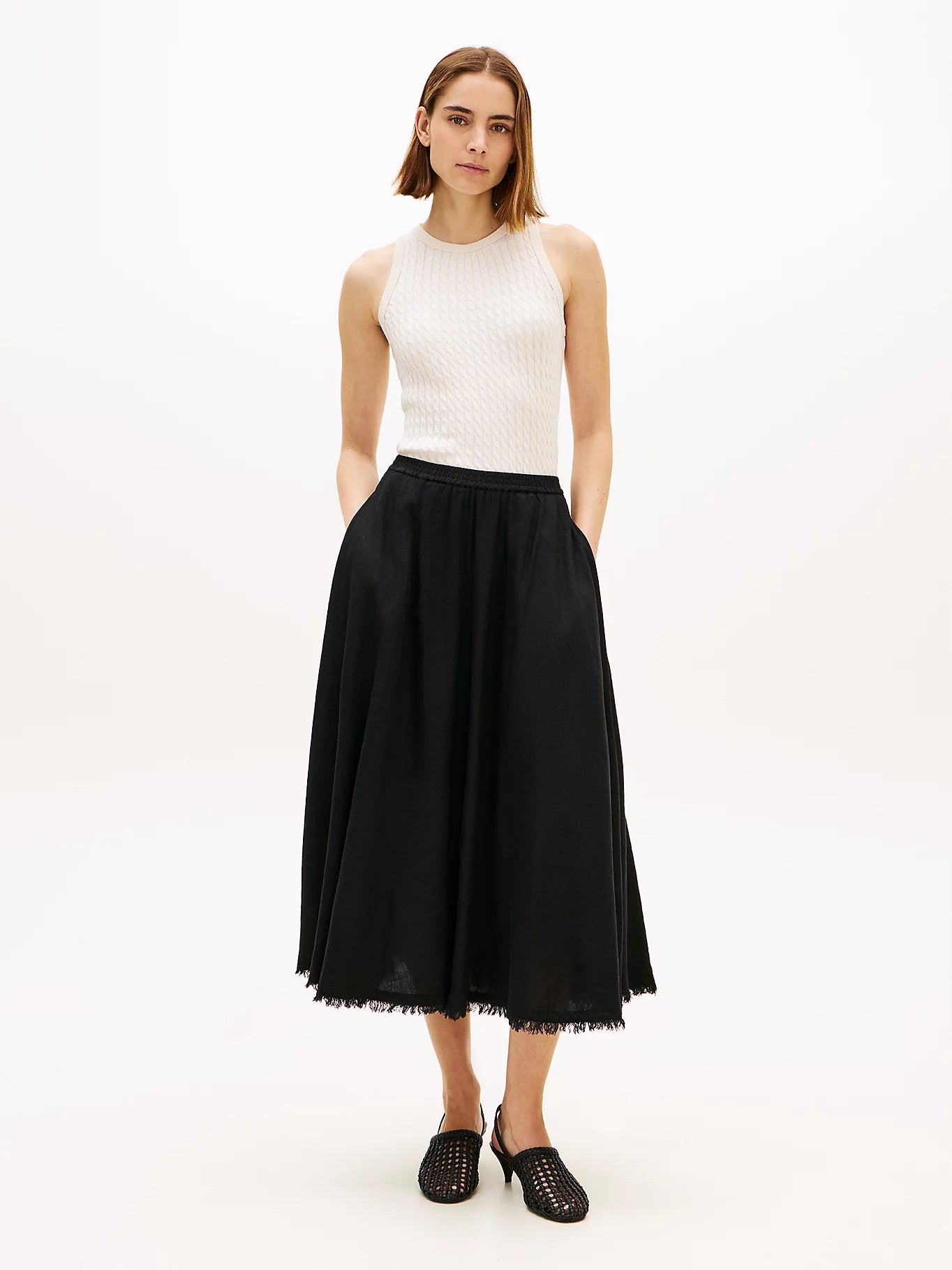 Tommy Hilfiger hame Linen Blend Volum Midi Skirt, musta