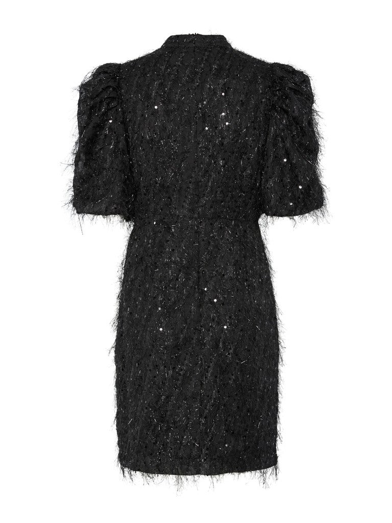 Y.A.S naisten Juhlamekot Yasilza Sequin Dress, musta, musta paljettijuhlamekko lyhyillä hihoilla, korkealla pääntiellä ja suoralla leikkauksella.