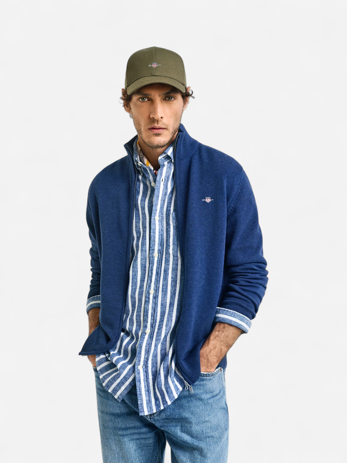 Gant miesten neuletakki Casual Cotton Zip Cardigan, sininen indigo - Kekäle.fi