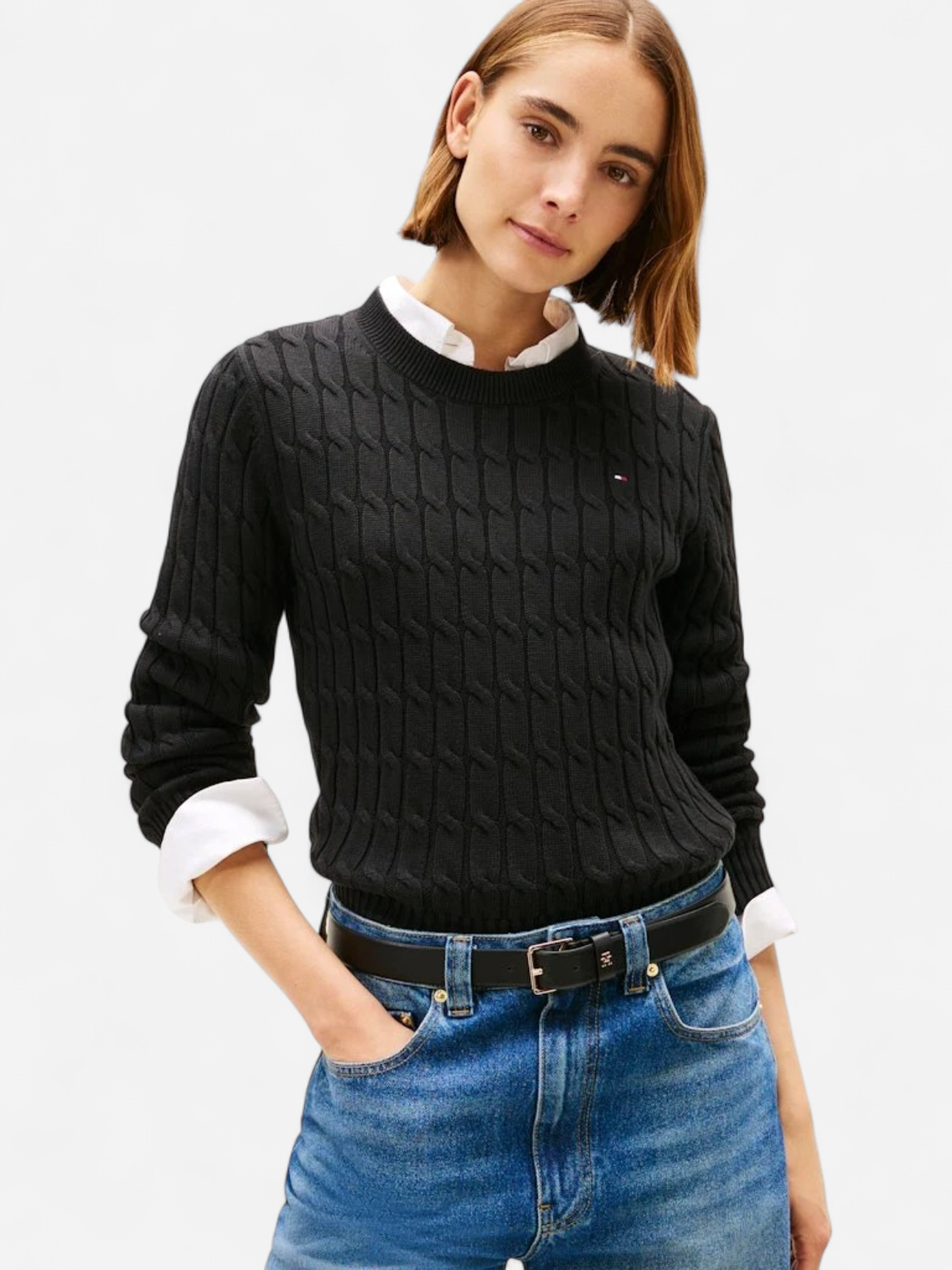 Tommy Hilfiger naisten neulepusero CO CABLE MID GG C-NK LS SWT, musta - Kekäle.fi