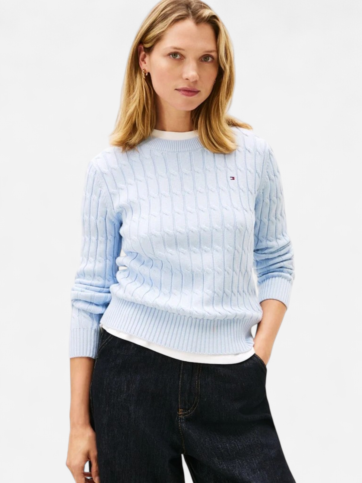 Tommy Hilfiger naisten neulepusero CO CABLE MID GG C-NK LS SWT, vaaleansininen - Kekäle.fi