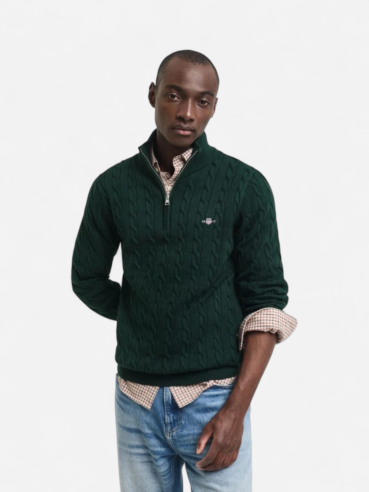 Gant miesten neulepusero Cotton Cable Knit Half-Zip Sweater, Tartan Green - Kekäle.fi
