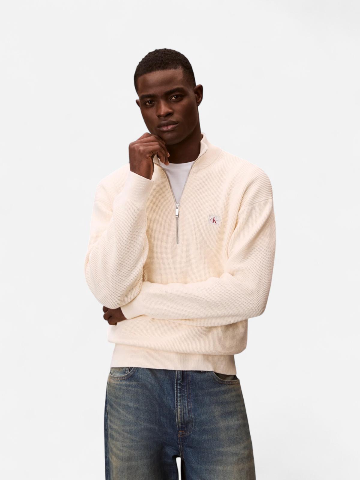 Calvin Klein Jeans miesten collegepaita ELS EZ Cotton Waffle Quarter Zip, kerma - Kekäle.fi