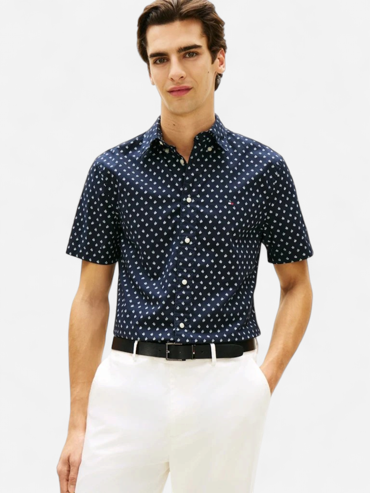 Tommy Hilfiger lyhythihainen kauluspaita Flex Poplin PRT RF BD S/S, sininen kuosi - Kekäle.fi