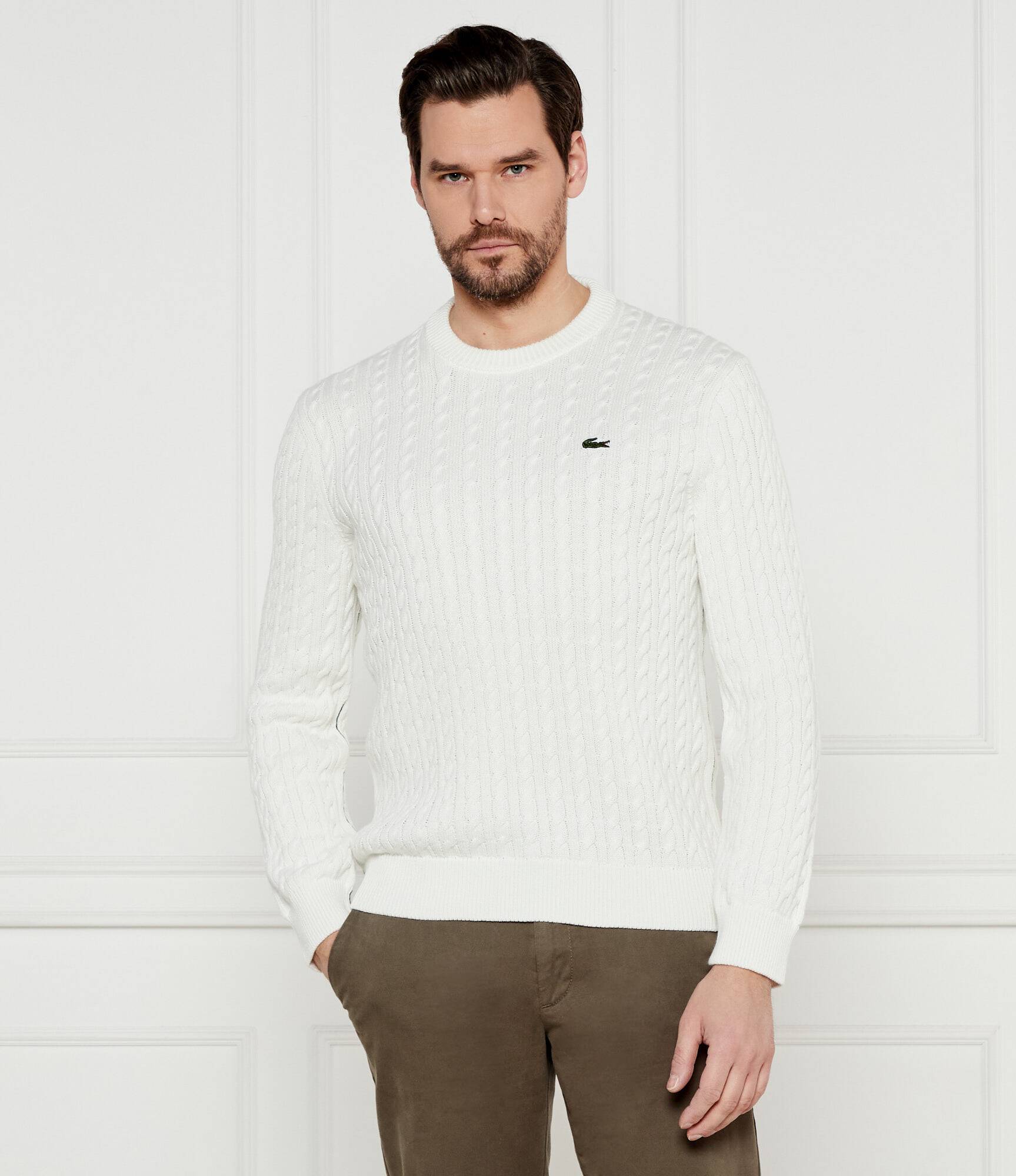 Lacoste miesten neulepusero Cable Knit Cotton Sweater, valkoinen