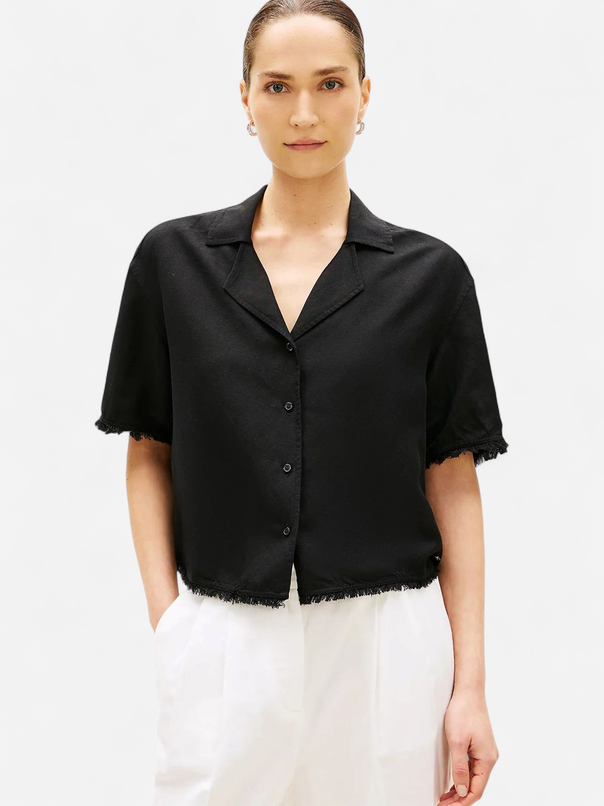 Tommy Hilfiger naisten paita Frayed Vis/Linen SS Shirt, musta - Kekäle.fi