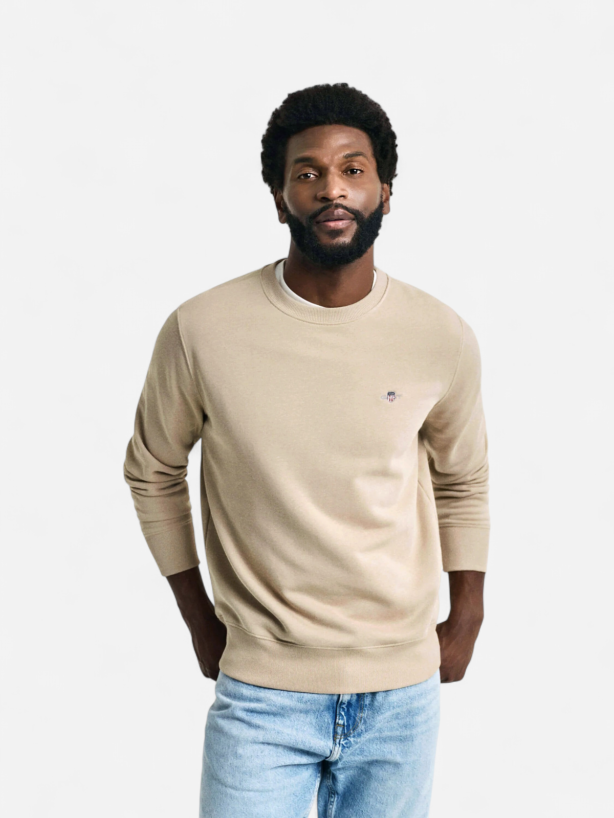 Gant Miesten Collegepaita, REG SHIELD C-NECK Beige - Kekäle.fi