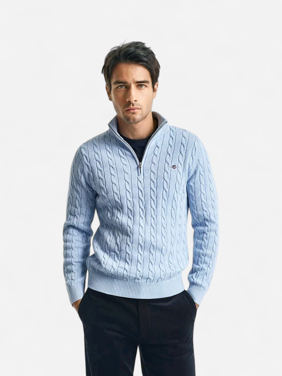 Gant miesten neule, COTTON CABLE HALF ZIP Vaaleansininen - Kekäle.fi