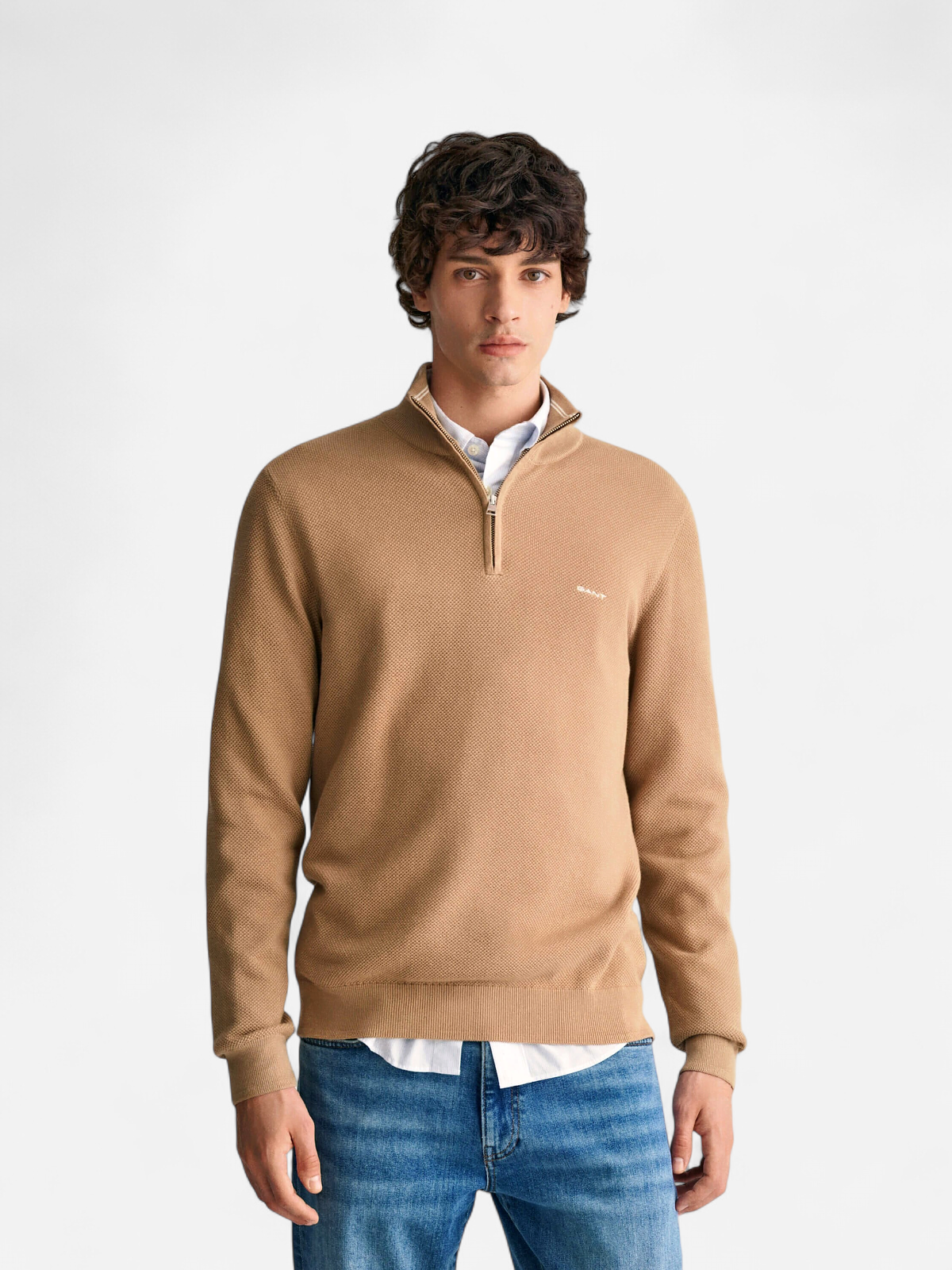 Gant miesten neule, COTTON PIQUE HALF ZIP Beige - Kekäle.fi