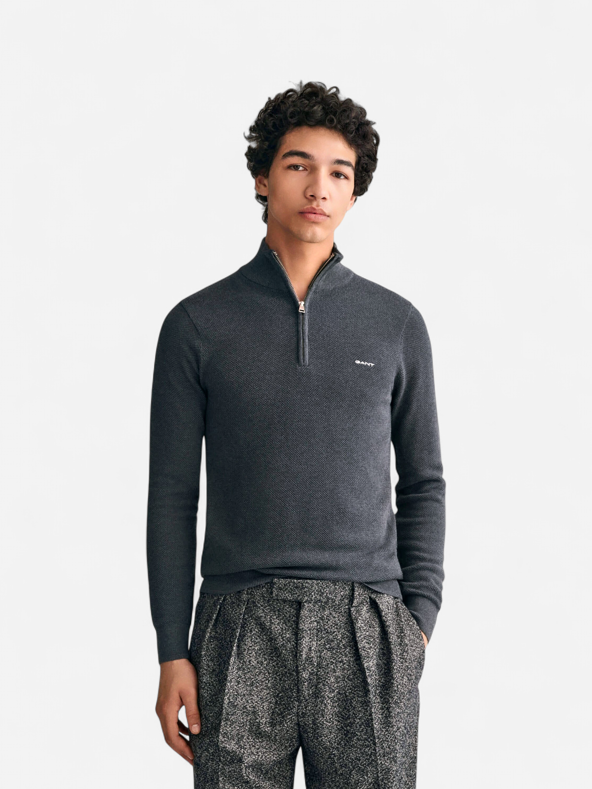 Gant miesten neule, COTTON PIQUE HALF ZIP Tummanharmaa - Kekäle.fi