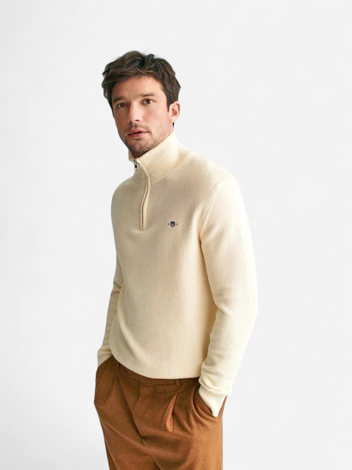 Gant Miesten Neulepusero, COTTON MICRO TEXTURED HALF ZIP Luonnonvalkoinen - Kekäle.fi