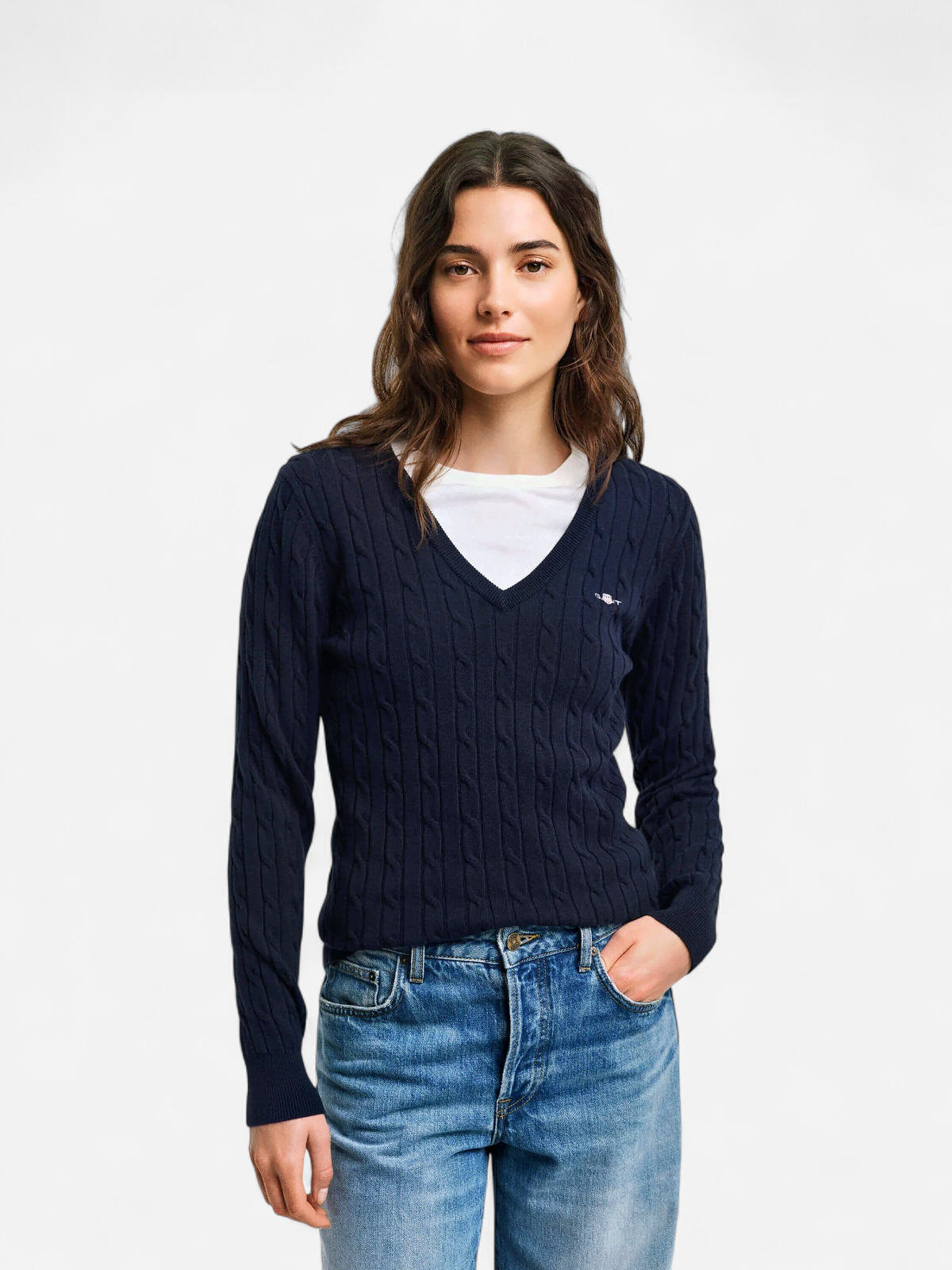 Gant neule, STRETCH COTTON CABLE V-NECK Tummansininen - Kekäle.fi