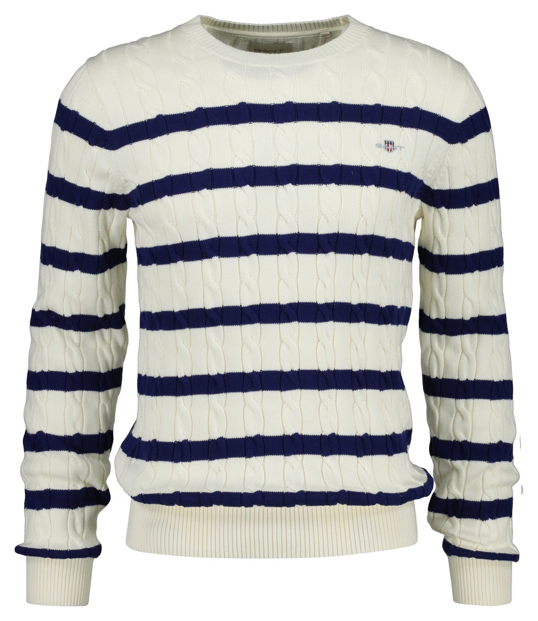 Gant miesten neulepusero Striped Cotton Cable C-Neck, luonnonvalkoinen