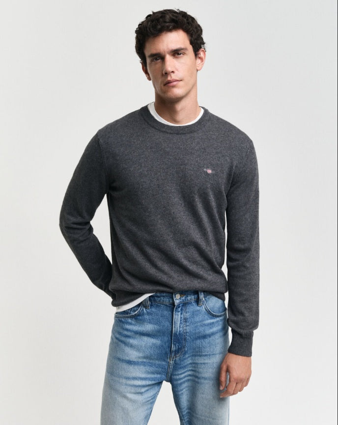 Gant miesten neulepusero CTN-WO C-Neck, tummanharmaa