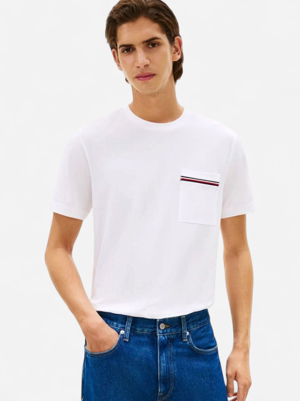 Tommy Hilfiger miesten t-paita Global Stripe Pique Pocket Tee, valkoinen - Kekäle.fi