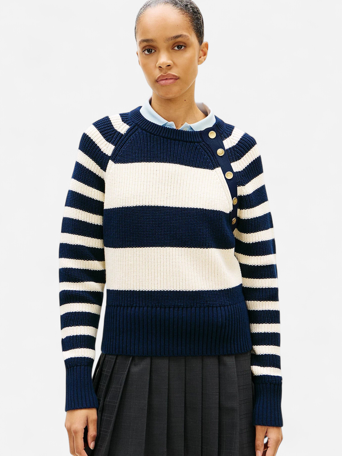 Tommy Hilfiger naisten neulepusero Gold Btn Utility LS C-NK SWT, raidallinen sininen - Kekäle.fi