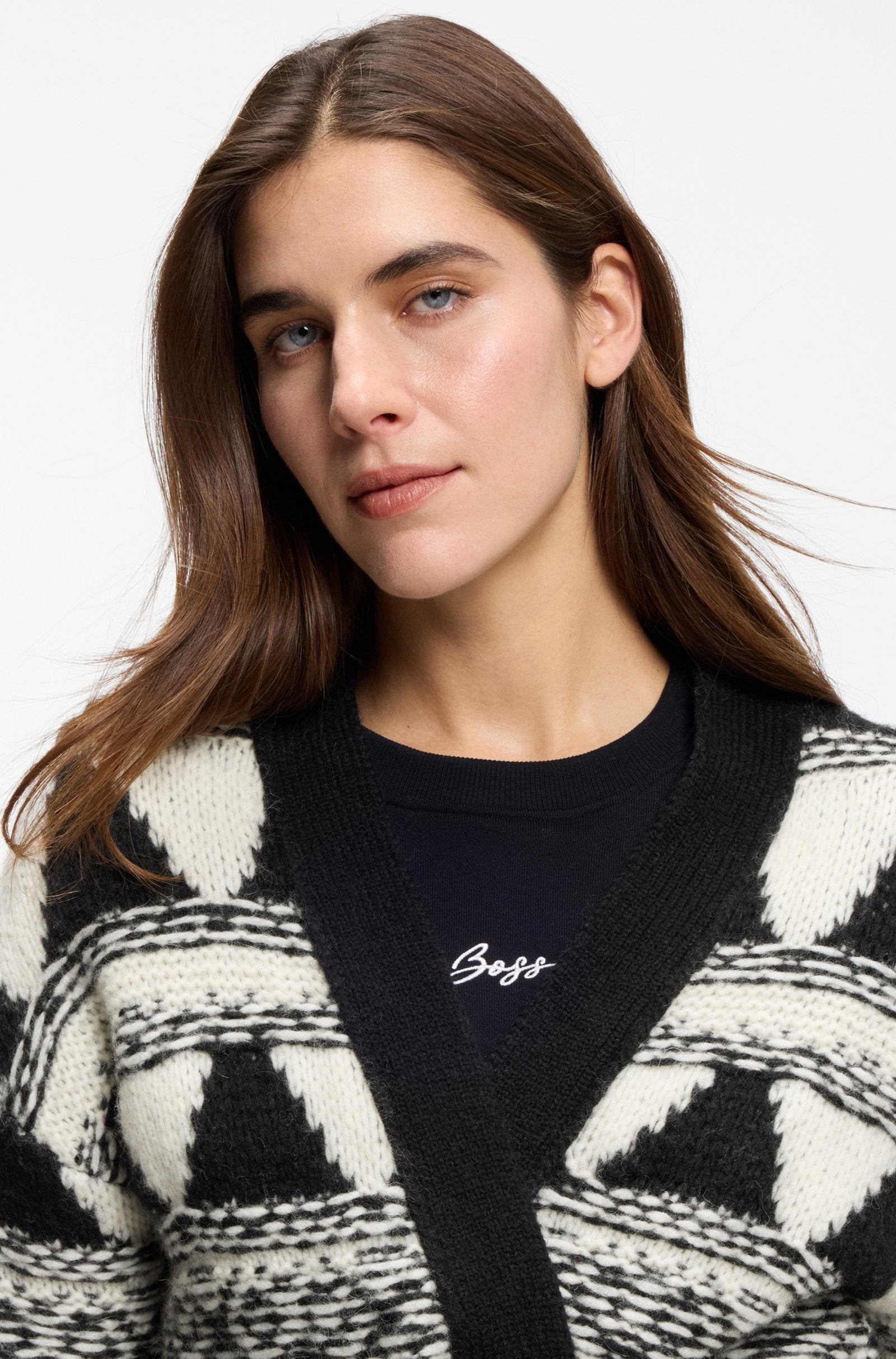 BOSS Orange naisten neuletakki Fregolano Cardigan, valkopohjainen kuosi