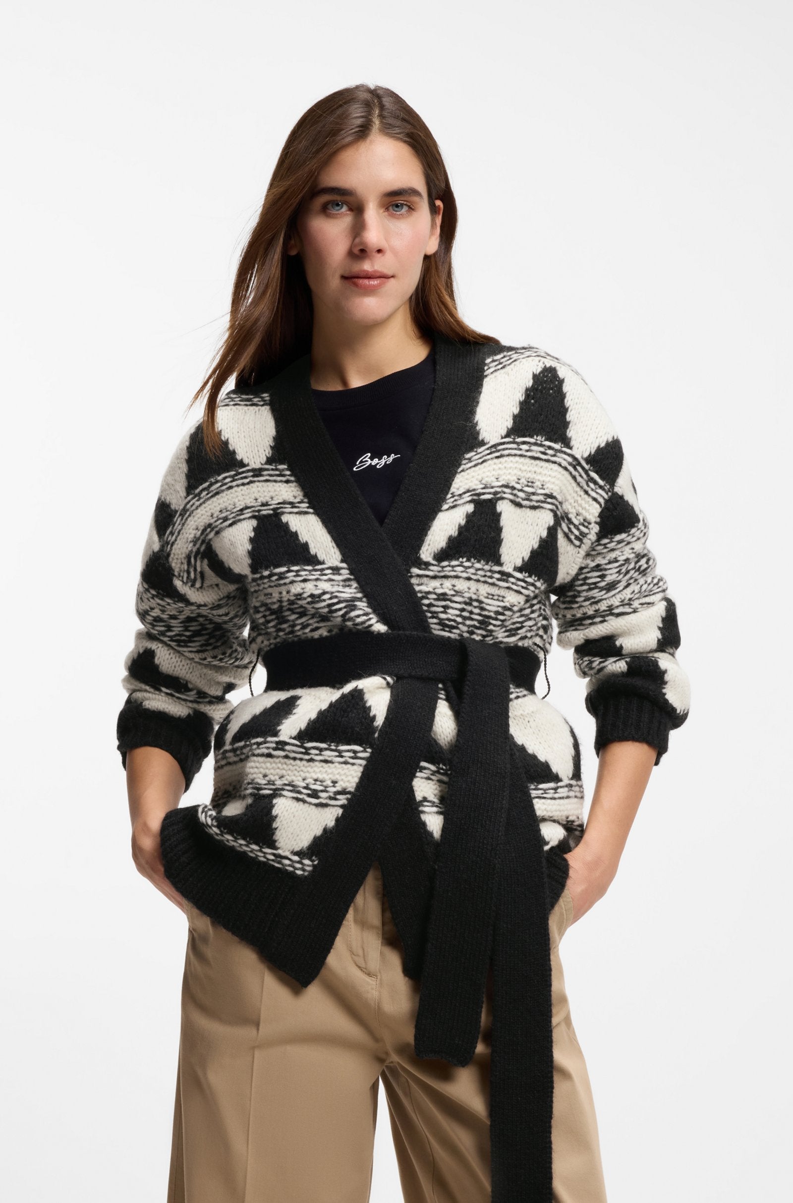 BOSS Orange naisten neuletakki Fregolano Cardigan, valkopohjainen kuosi