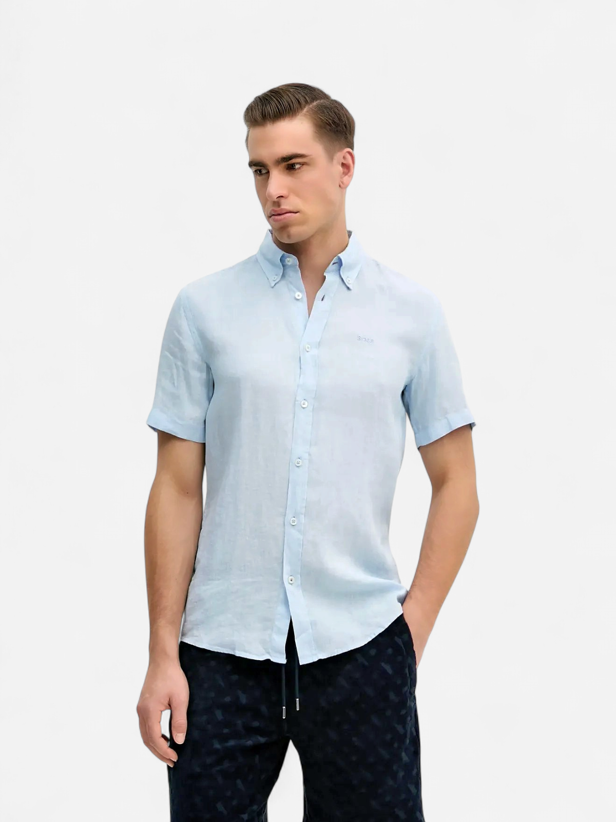 Hugo Boss miesten lyhythihainen kauluspaita, H-ROAN SS LINEN Keskisininen - Kekäle.fi