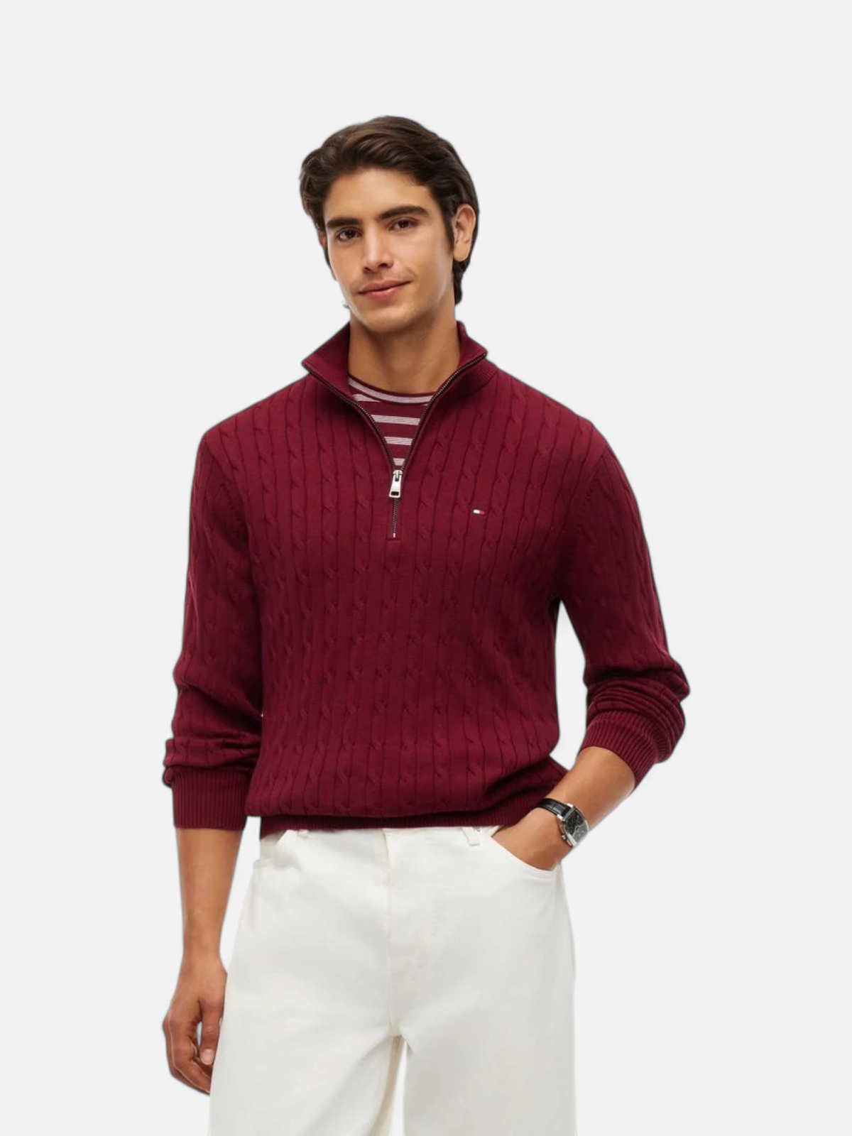 Tommy Hilfiger miesten neulepusero Classic Cotton Cable Zip Mock, viininpunainen - Kekäle.fi