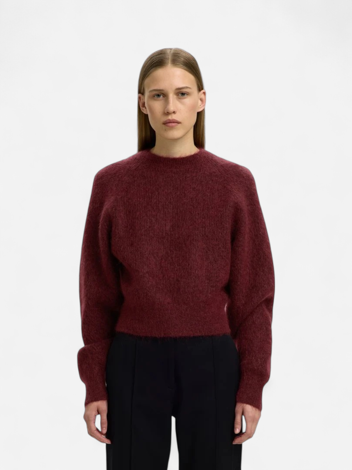 Selected Femme naisten neulepusero Mira Knit Short O-Neck, Tawny Port - Kekäle.fi