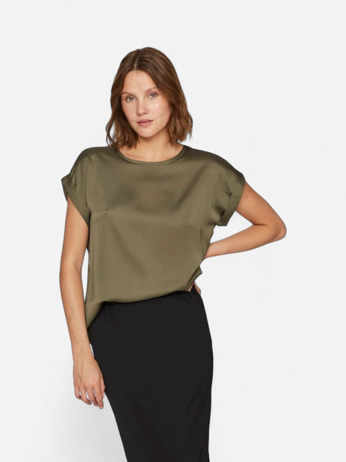 Vila naisten lyhythihainen toppi K-Viellette S/S Satin Top - NOOS, Dusty Olive - Kekäle.fi