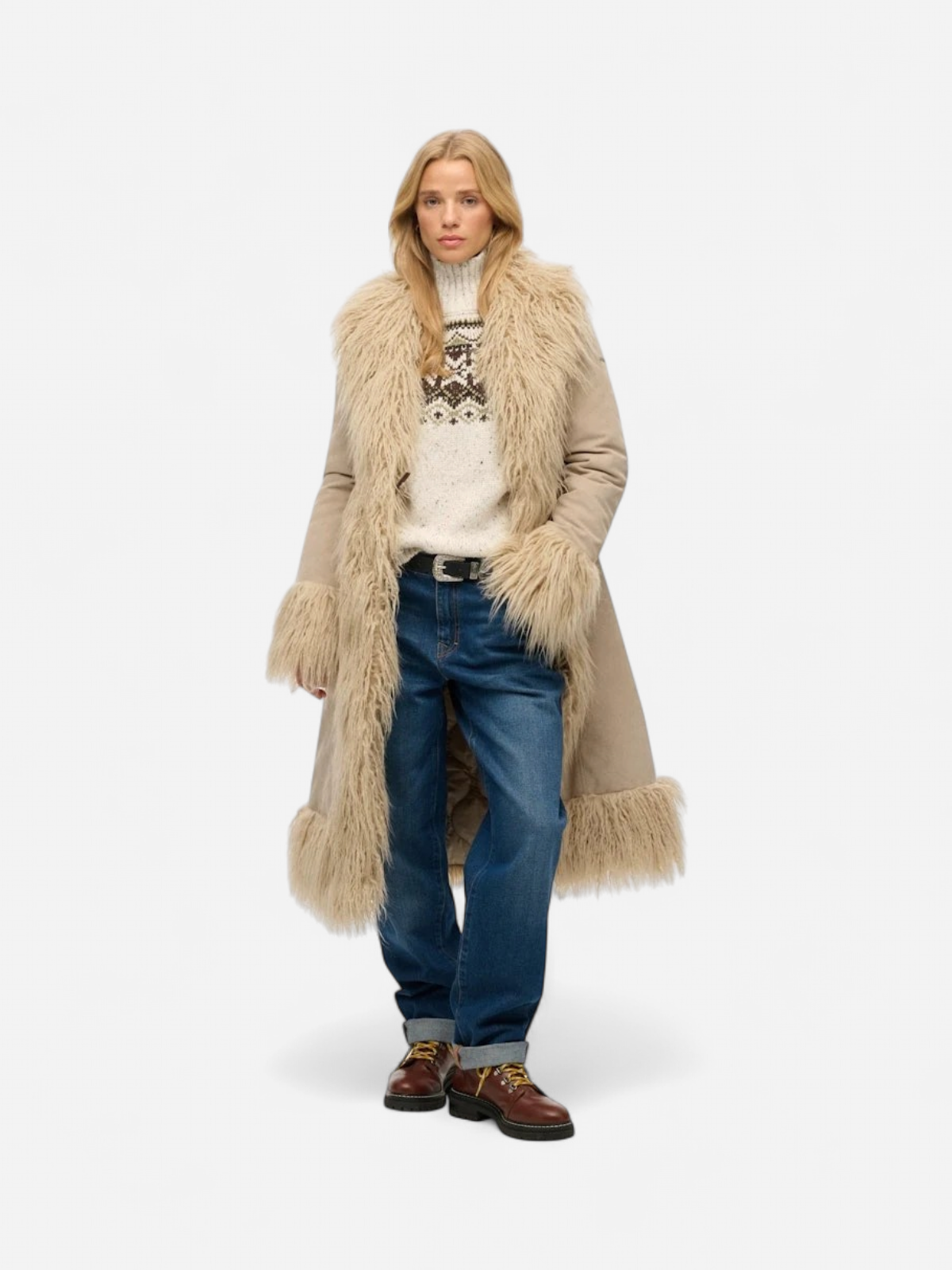 Superdry naisten tekoturkistakki Long Afghan Coat, beige - Kekäle.fi