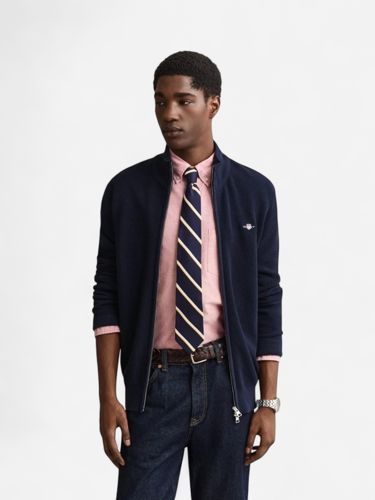 Gant miesten neuletakki Micro Textured Cotton Zip Cardigan, tummansininen - Kekäle.fi