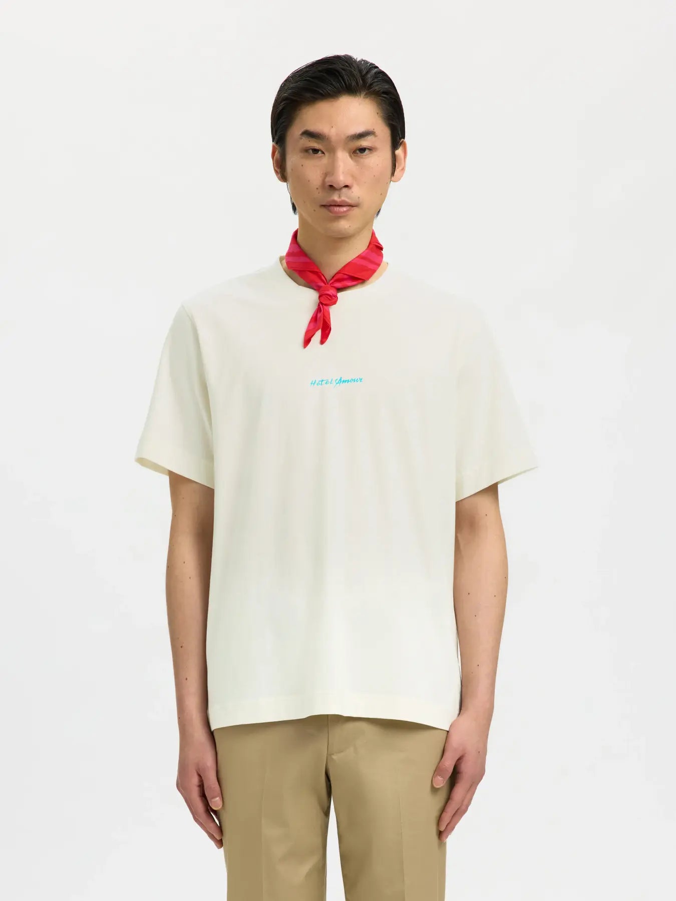 Selected miesten t-paita Slhelias Ss O-Neck Tee Hotel Amour, Egret