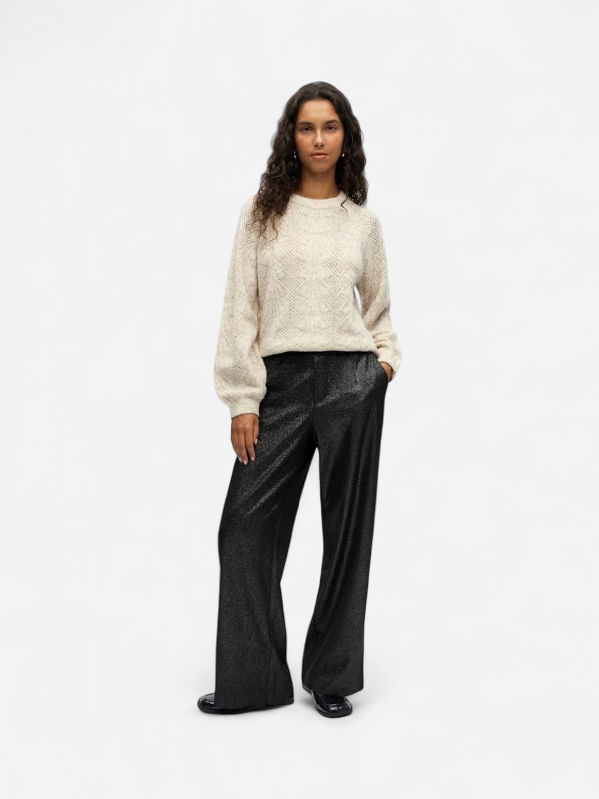 Object naisten housut ObjLisa Wide Pant, Black Silver glitter - Kekäle.fi