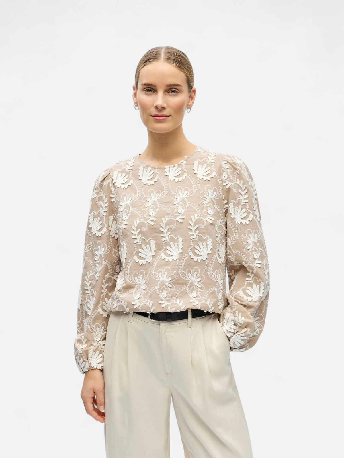 Object naisten pusero OBJMYA RE L/S Top, Humus Cloud dancer - Kekäle.fi