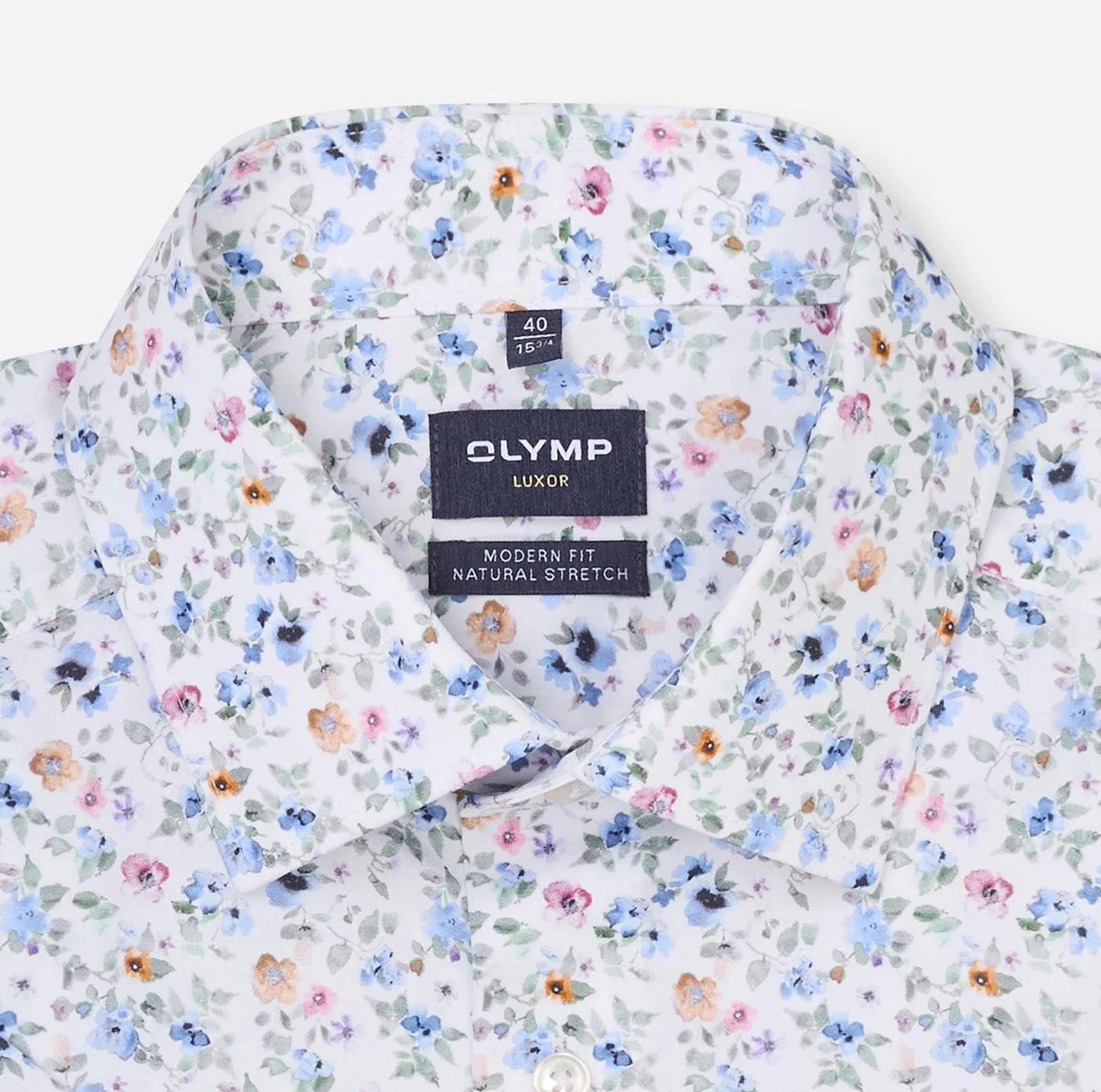 Olymp miesten lyhythihainen kauluspaita SS Luxor Modern Fit Floral Print, valkopohjainen kuosi