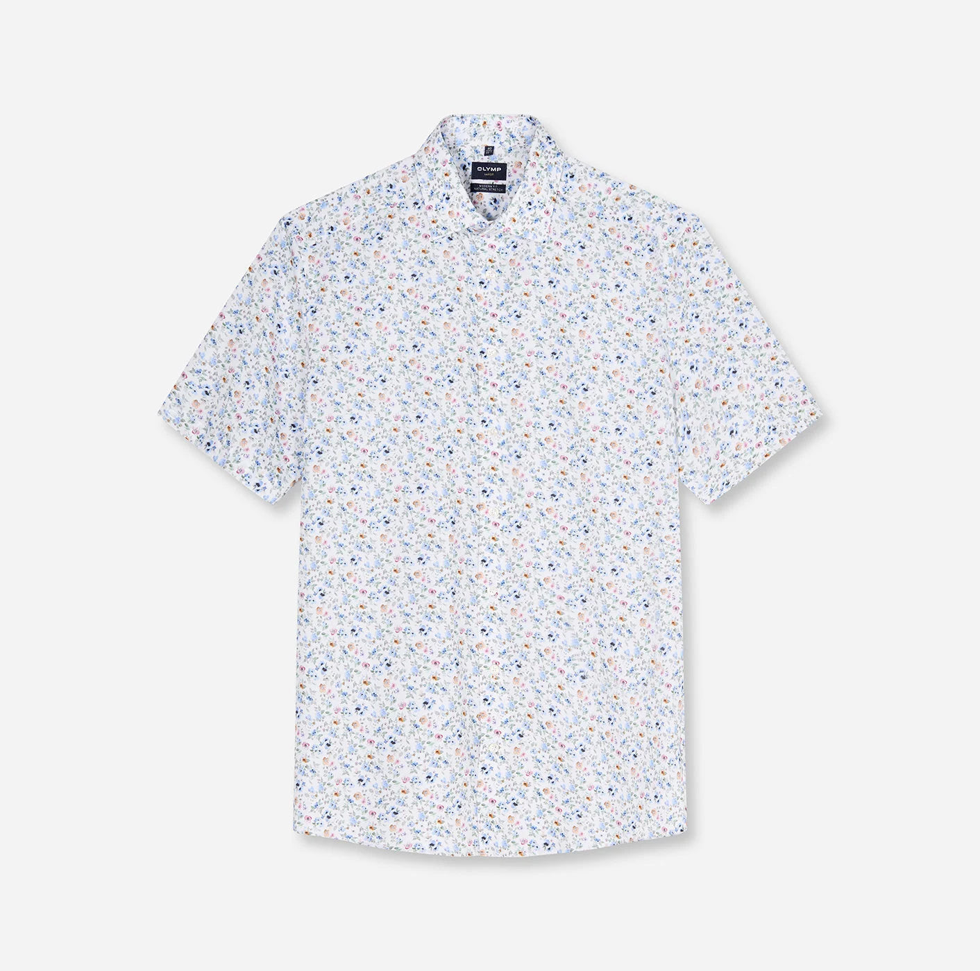 Olymp miesten lyhythihainen kauluspaita SS Luxor Modern Fit Floral Print, valkopohjainen kuosi