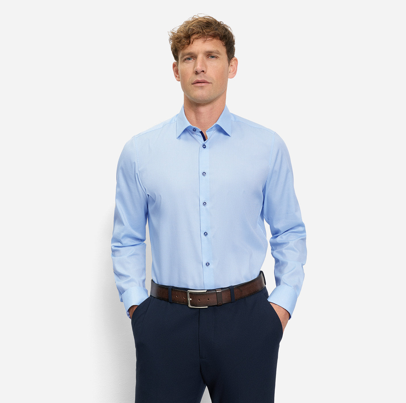 Olymp kauluspaita Level 5 Body Fit Contrast Trim Floral, vaaleansininen